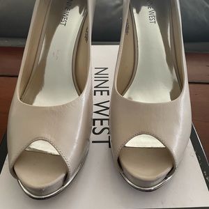 Beige high heels peep toe